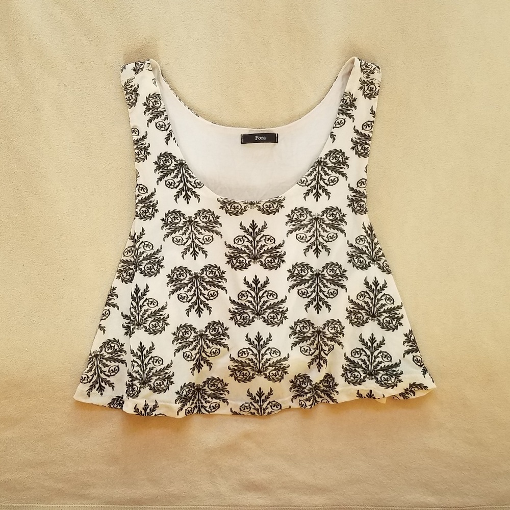 Cream and Black Floral Brocade Crop Top
